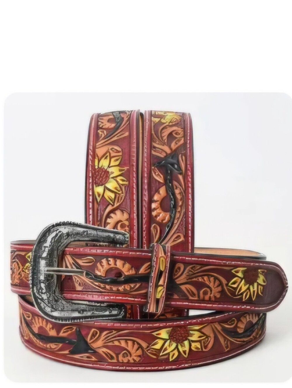American Darling Red Tooled Sunflower Leather Belt with Silver Buckle